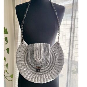 Half Moon Artisan Bag Crochet Crossbody Fan Shell Purse Chain Gray Bohemian